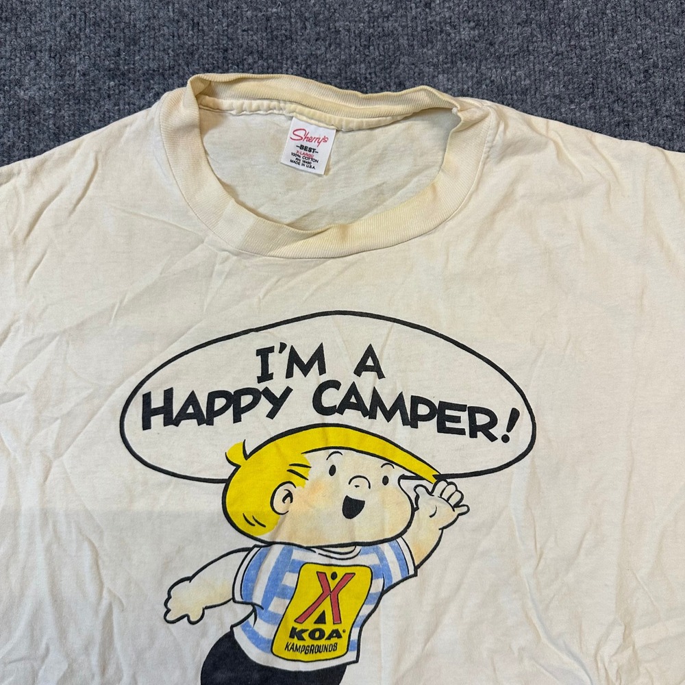 Sherry's Best T-Shirt Mens XL Cream Happy Camper KOA Kampgrounds Vintage Cotton